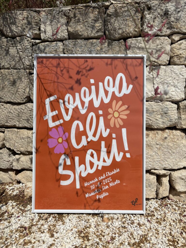Evviva gli Sposi wedding print with painted flowers leaning on a stone wall