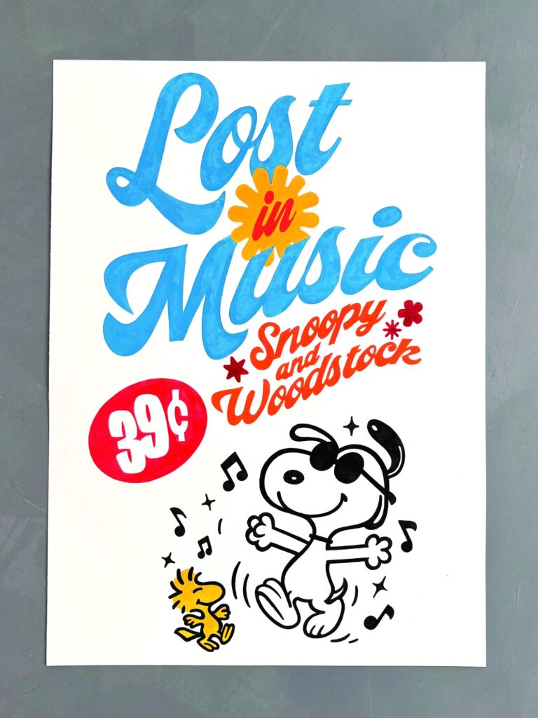 Hand-painted Lost in Music poster with Snoopy and Woodstock dancing